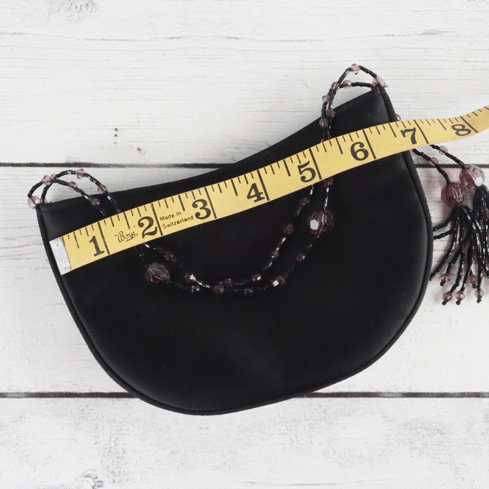 La Regale Black Satin Mini Crossbody or Clutch Bag Beaded Tassels Button Closure - Picture 8 of 8
